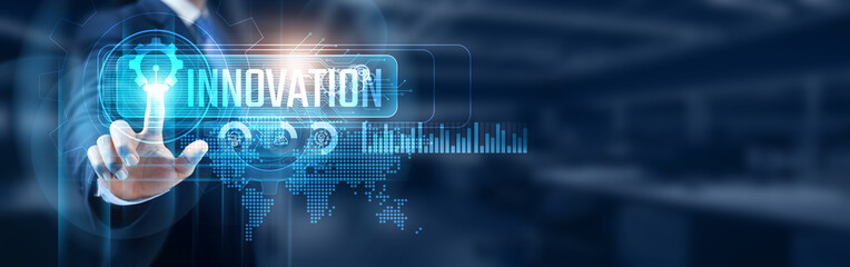 Businessman touching innovation, sparking network connection, data insights, and disruptive ideas. Harnessing creativity and technology to revolutionize the concept.