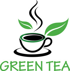 A Green Tea cup logo vector art illustration, a tea cup logo concept with green leave isolated white background