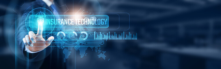 Businessman touching insurance technology network connection, data security, and innovation concept. Exploring opportunities and advancements in the insurance technology landscape.