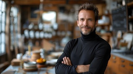 Obraz premium European Architect in Minimalist Outfit Posing in Design Studio with Copy Space
