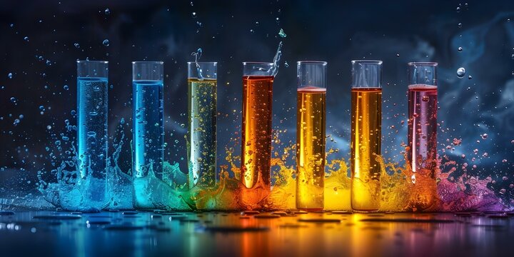 Colorful chemical reaction in test tube with splashing liquids of elements. Concept Chemical Reaction Demonstration, Colorful Liquid Splashes, Test Tube Experiment, Elements Experimentation