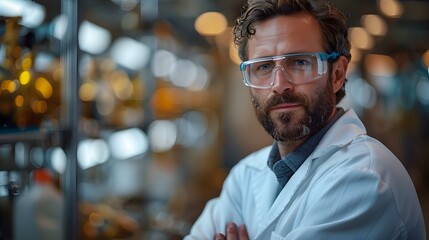 Obraz premium Portrait of a Focused Scientist Researcher in Lab Coat and Safety Goggles