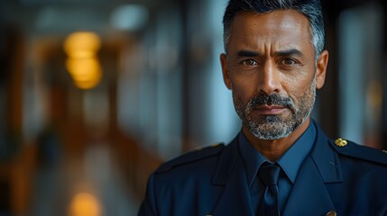 Obraz premium Portrait of Authoritative South Asian Security Guard in Navy Uniform