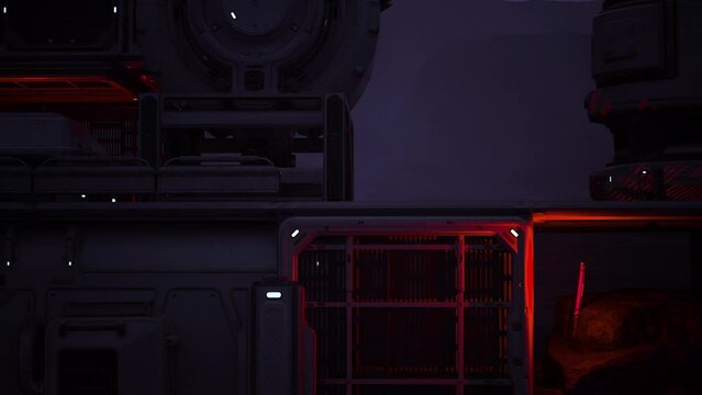 Cinematic animation of extraterrestrial outpost at night, with glowing lights and sensors. Exploring the exterior of a futuristic planetary base, from paneling to entrance. Concept of realistic sci fi