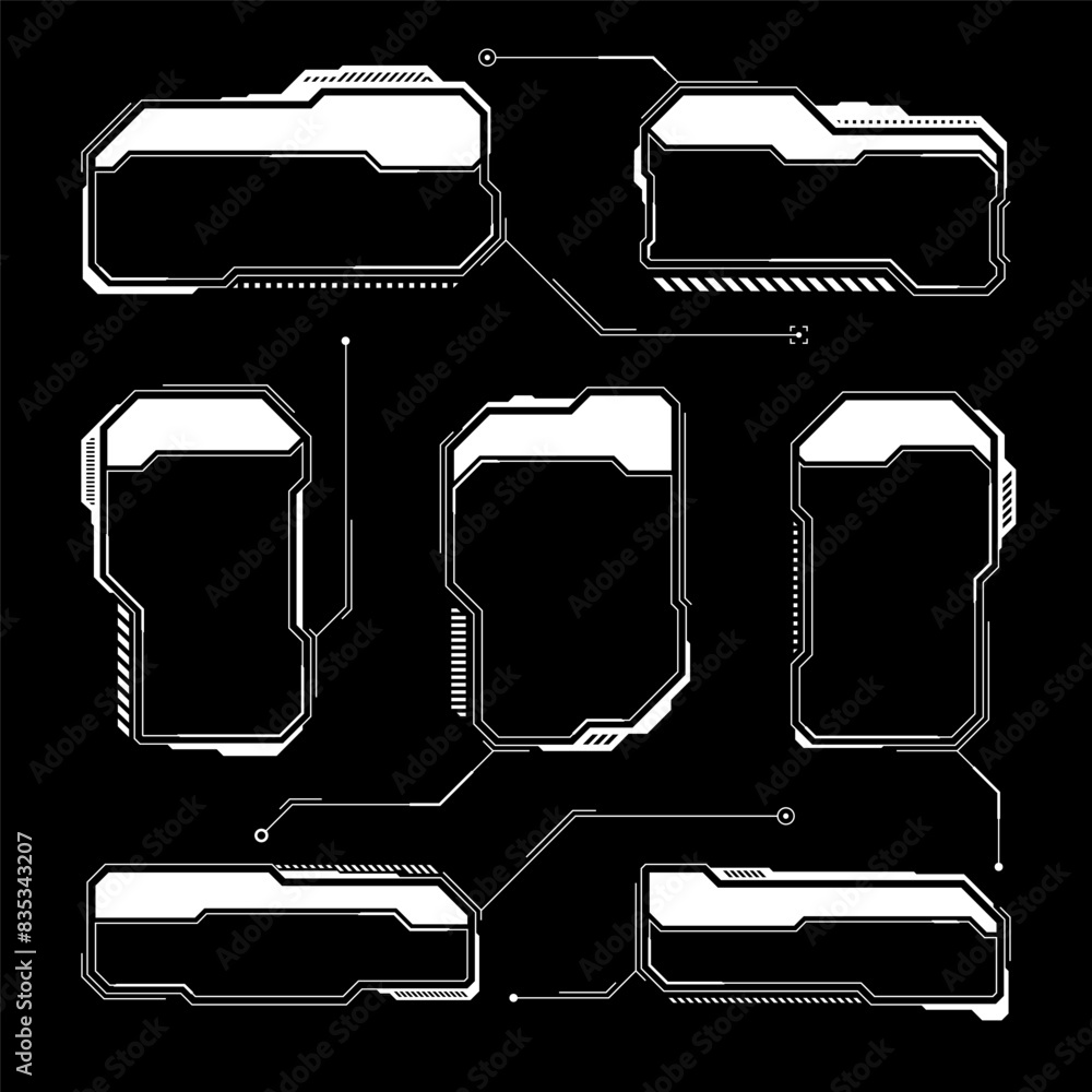 Poster White futuristic HUD, UI elements. Sci-fi user interface text boxes, callouts. Warning message frames, information boxes template. Modern game interface layout in digital style. Vector illustration