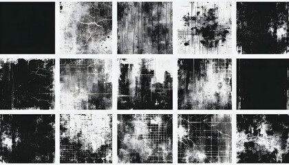 Abstract Grunge Texture Collage: Set of Fifteen Distressed Black and White Backgrounds