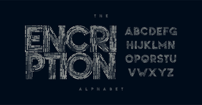 Stripe wires font, tech geometric line alphabet, creative technology font, modern element for branding, secure digital print, encrypted title, contemporary typography. Vector typeset.