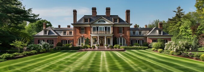 Grand traditional Colonial-style estate exterior with symmetrical architecture, brick facade, and sprawling manicured lawn