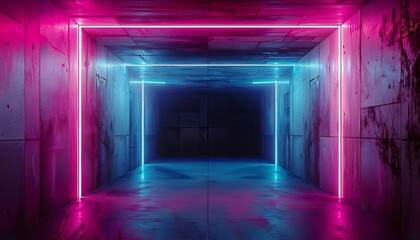 Modern Futuristic Sci Fi Concept Club Background Grunge Concrete Empty Dark Room With Neon Glowing Purple And Blue Pink Neon Lights 3D Rendering 