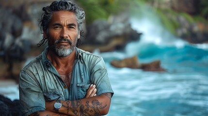 Weathered Pacific Islander Fisherman Portrait with Blurred Coastal Backdrop