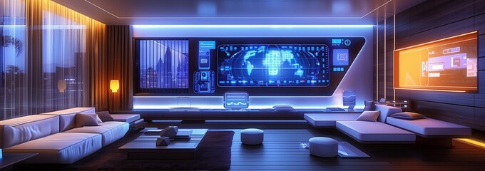 Obraz premium High-tech futuristic smart home living room with interactive digital walls, modular furniture, and ambient lighting