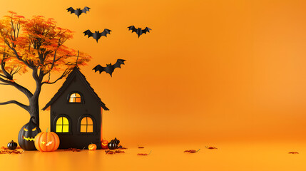 Cute halloween house, pumpkin, bats, and tree on orange background with copy space, minimalistic style, banner design