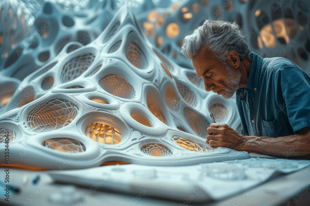 Poster an architect designing a building that morphs into organic shapes. concept of innovative architectur