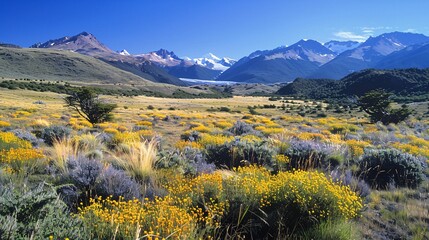 A broad and detailed view of Patagonia's diverse terrain, featuring lush vegetation, rugged hills, and distant glaciers, all under a clear, bright sky, creating a serene and majestic landscape