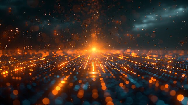 A high-tech illustration of AI Genesis, depicting a metallic sun radiating beams of binary code across a sleek, technological landscape.
