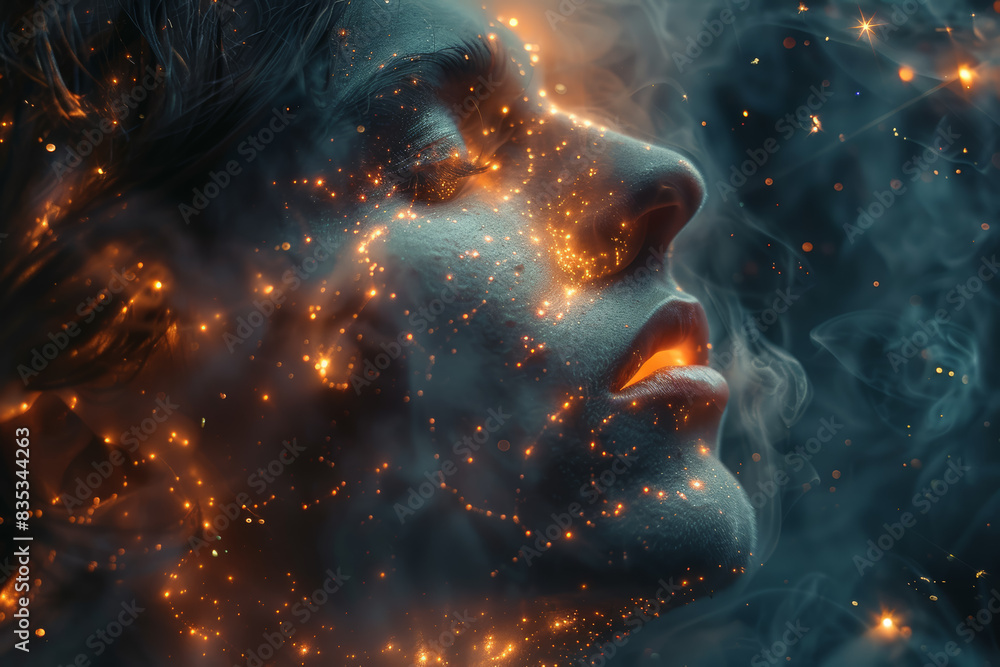 Poster a poet whose words illuminate and form constellations in the sky. concept of poetic creativity. gene