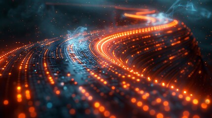 A high-tech illustration of binary code streams flowing through a futuristic landscape, with glowing white and orange digits, embedded within a sleek, metallic structure.