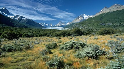 A detailed portrayal of Patagonia's rugged beauty, with natural patterns of scrub and the stark contrast between green valleys and white glaciers, all under a bright, clear sky, creating a sense of