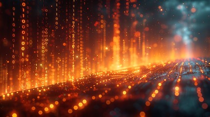 Fototapeta premium A high-tech illustration of binary code streams flowing through a futuristic landscape, with glowing white and orange digits, embedded within a sleek, metallic structure.