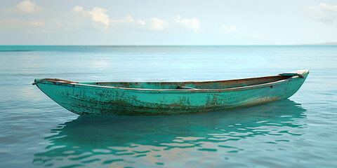 Naklejka premium Turquoise Outrigger Canoe: An outrigger canoe floating on calm, tropical waters, its hull painted a vivid turquoise blue