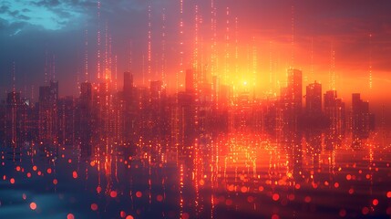 Fototapeta premium A high-tech illustration of Data Mirage, depicting an urban skyline where the buildings gradually pixelate and dissolve into a digital haze, symbolizing data loss and digital decay.