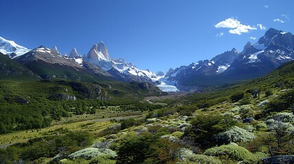 Fototapeta premium A detailed and elegant scene of Patagonia's natural beauty, featuring verdant valleys, rugged silhouettes, and glistening glaciers, all under a bright, clear sky, creating a harmonious and tranquil