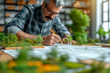 Fototapeta premium Man draws a pencil drawing of a house with a landscape design layout