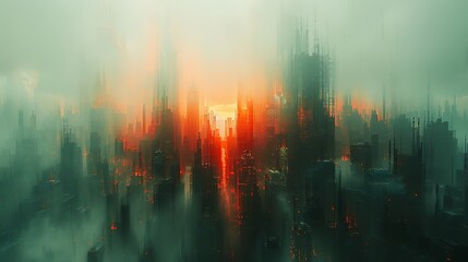 A high-tech illustration of Data Mirage, depicting an urban skyline where the buildings gradually pixelate and dissolve into a digital haze, symbolizing data loss and digital decay.