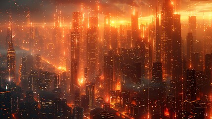 A high-tech illustration of Echoes of AI, depicting a city where buildings and streets pulsate with light and data, synchronized with the rhythm of an AI core that controls the urban environment.