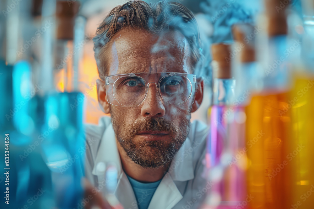 Poster a scientist conducting experiments that result in unexpected wonders. concept of scientific creativi