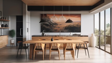 photo of a modern kitchen with large oakwood dining table and a large architectural photo or landscape photo hanging on the wall