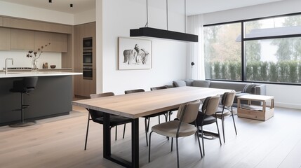 photo of a modern kitchen with large oakwood dining table and a large architectural photo or landscape photo hanging on the wall