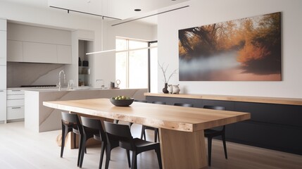 photo of a modern kitchen with large oakwood dining table and a large architectural photo or landscape photo hanging on the wall