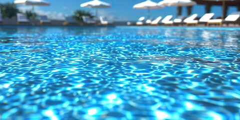 Obraz premium Sapphire Blue Swimming Pool: A crystal-clear swimming pool with loungers and umbrellas scattered around, accentuated by a bright blue color