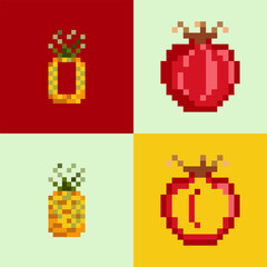 Obraz premium A pattern of pixel fruits pineapple and pomegranate on an isolated background.