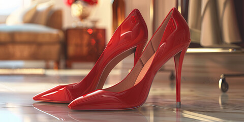 Ruby Red High Heels: A pair of stylish high heels, neatly arranged on a rack or floor, contrasting against a neutral-colored background