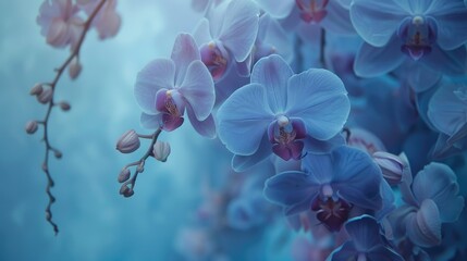 Close up of purple orchid blossoms stalk
