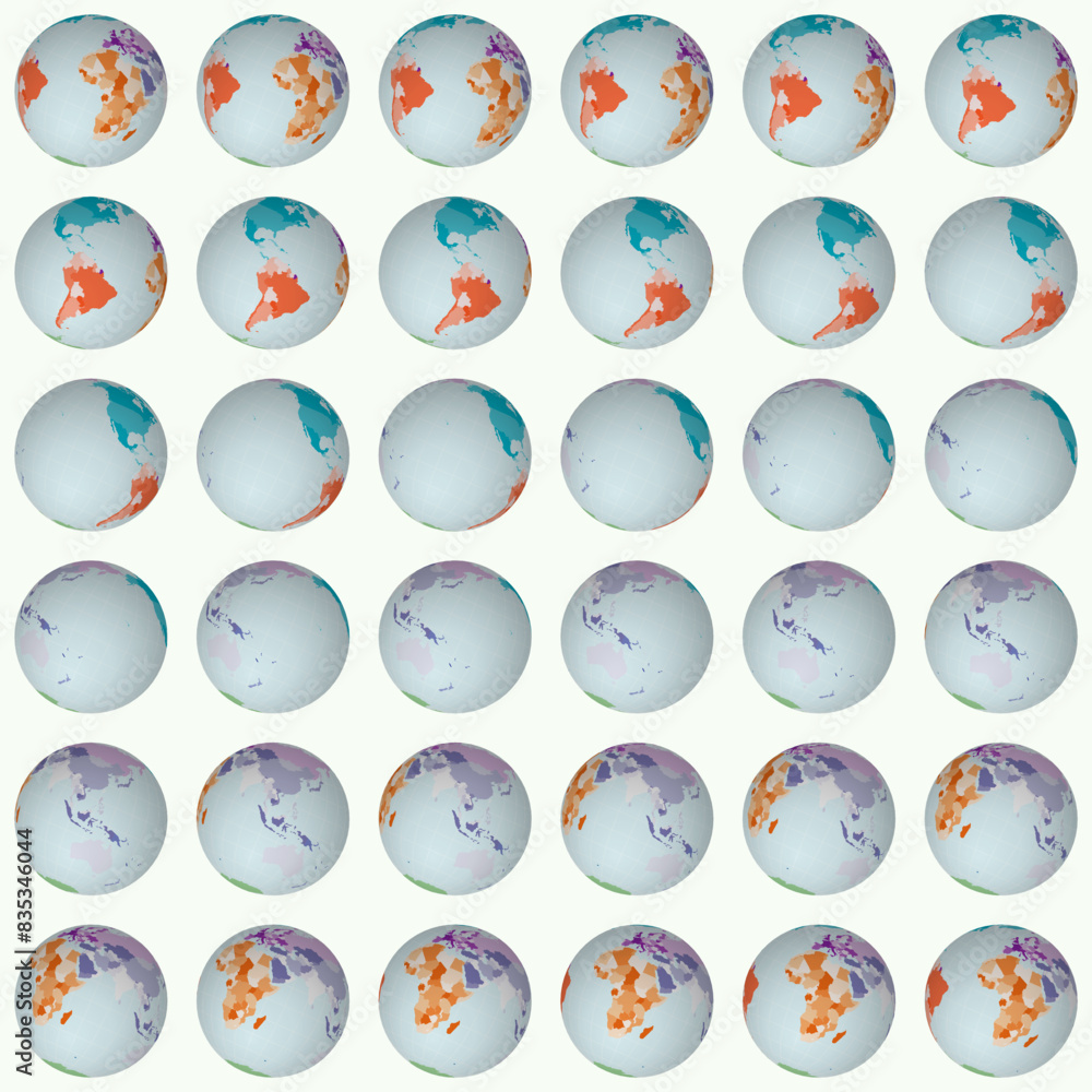 Poster collection of globes. tilted sphere view. rotation step 10 degrees. colored countries style. world m