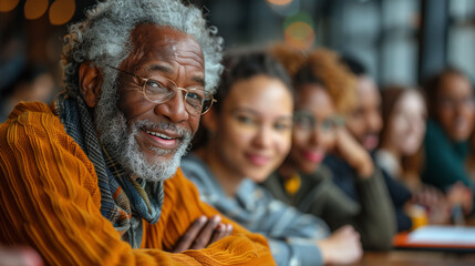 Cheerful gray haired senior man smiling and sitting at table arms folded