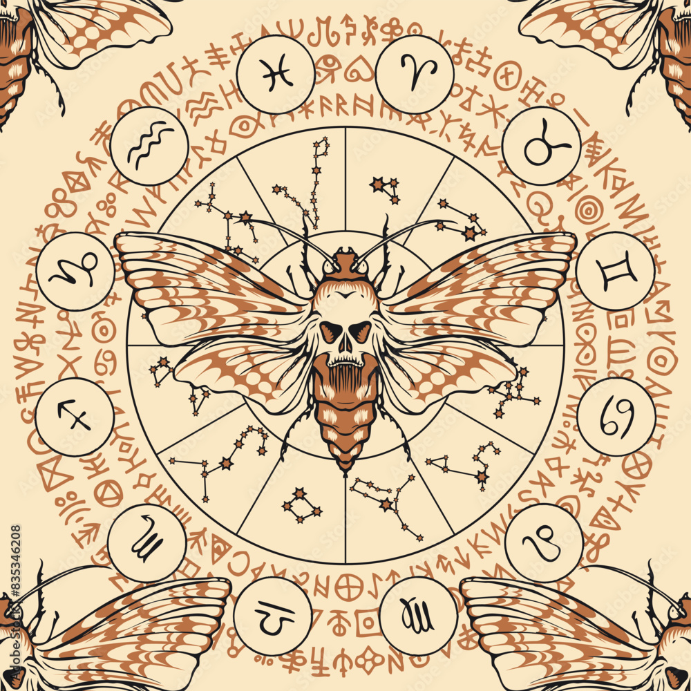 Poster vector seamless pattern with a death's head butterfly on the background of the zodiac circle with co