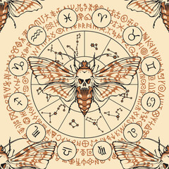 vector seamless pattern with a death's head butterfly on the background of the zodiac circle with constellations and ancient runes