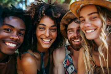 Fototapeta premium A group of diverse friends is laughing in the park on a summer day, dressed in casual clothing, enjoying the sunshine, and in a happy mood