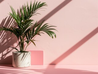 Two potted plants, one a Howea forsteriana palm, sit on a shelf against a pink wall.