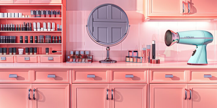 Coral Pink Beauty Counter: Vanity counter with a makeup mirror, drawers of cosmetics, and a hair dryer.