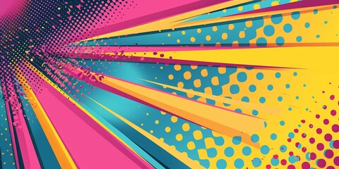 A vibrant and dynamic background design template in vintage pop art style,  colorful halftone pattern with bold lines and dots. Use in poster, advertisement, graphic design project, digital artwork.