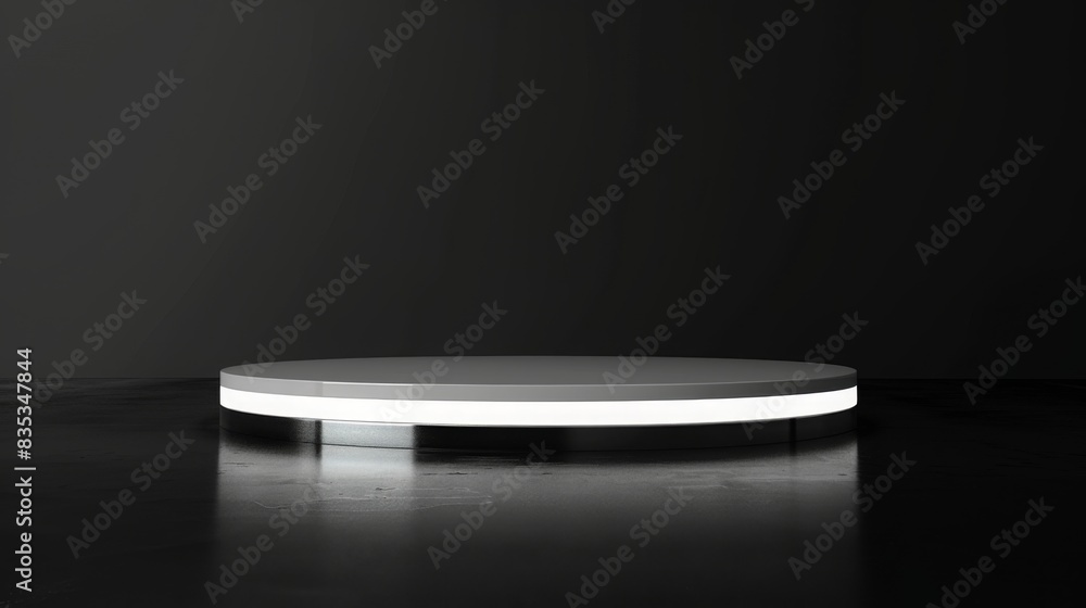 Poster a sleek, white circular podium illuminated by soft underlighting stands against a black background i
