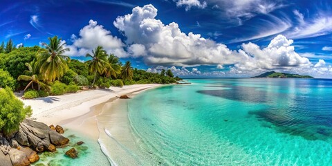 Panoramic view of a stunning white sand beach and crystal clear turquoise water on a sunny day ,...