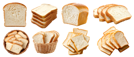 White bread bun loaf slice on transparent cutout, PNG file. Many assorted different angles, stack, basket, pile. Mockup template for artwork