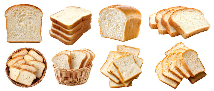 White bread bun loaf slice on transparent cutout, PNG file. Many assorted different angles, stack, basket, pile. Mockup template for artwork