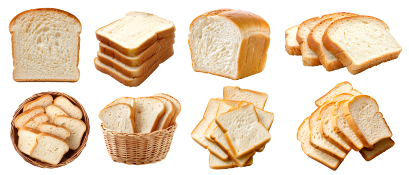 White bread bun loaf slice on transparent cutout, PNG file. Many assorted different angles, stack, basket, pile. Mockup template for artwork